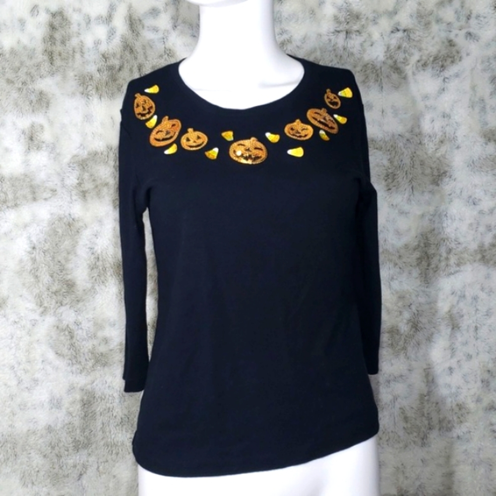 Spartelle Casuals Cotton Black Beaded Halloween Sequined Pumpkin Shirt Sz P M